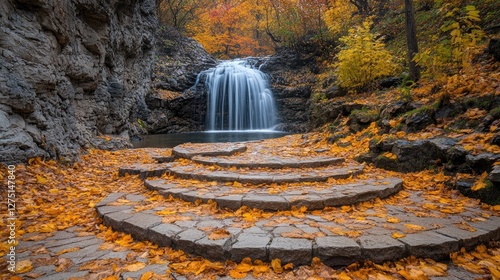 Autumn Waterfall Steps in Forest
