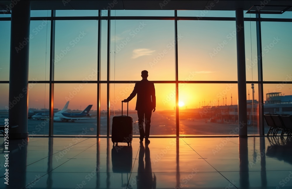 Silhouette of man with luggage in airport terminal, enjoying sunset view. Business traveler waits flight in hall, looks at cityscape through panoramic window. Silhouette of man with luggage in airport terminal, enjoying sunset view. Business traveler waits flight in hall, looks at cityscape through panoramic window.