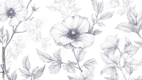 Authentic collection of traditionally illustrated floral elements featuring naturally imperfect hand-drawn outlines of garden flowers, wild botanicals, and detailed leaf shapes, showcasing organic