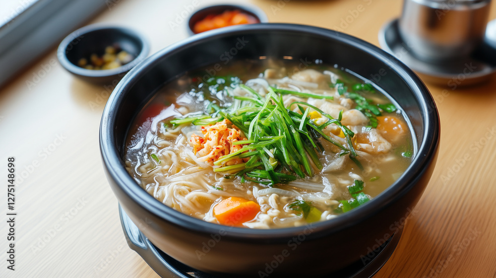 Exquisite Asian Noodle Soup: A steaming bowl of delicious Asian-style noodle soup, garnished with fresh herbs, and served with a side of condiments, embodies culinary artistry. Exquisite Asian Noodle Soup: A steaming bowl of delicious Asian-style noodle soup, garnished with fresh herbs, and served with a side of condiments, embodies culinary artistry.