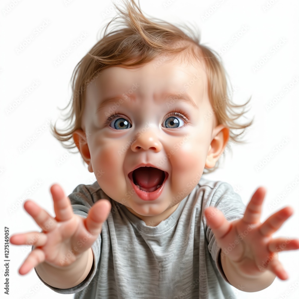 Adorable baby opens mouth wide with funny expression. Happy toddler shows positive emotion on white background. Cheerful kid with blond hair is smiling. Adorable baby opens mouth wide with funny expression. Happy toddler shows positive emotion on white background. Cheerful kid with blond hair is smiling.