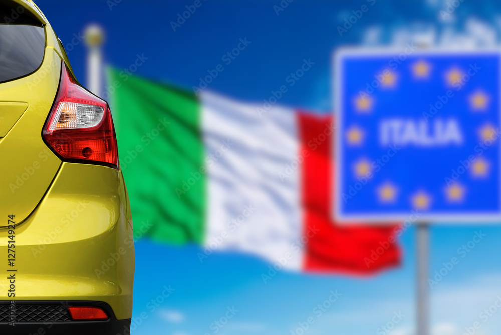 Fototapeta premium The flag of Italy and a modern car 
