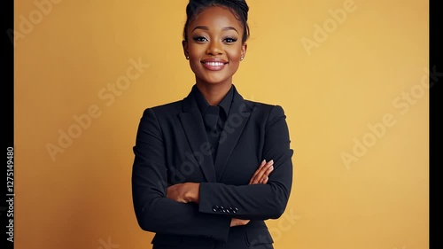 Confident businesswoman, arms crossed, studio, yellow background, portrait