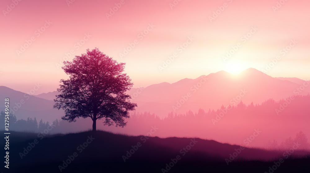 Fototapeta premium serene landscape featuring tree silhouetted against soft pink sunrise over mountains
