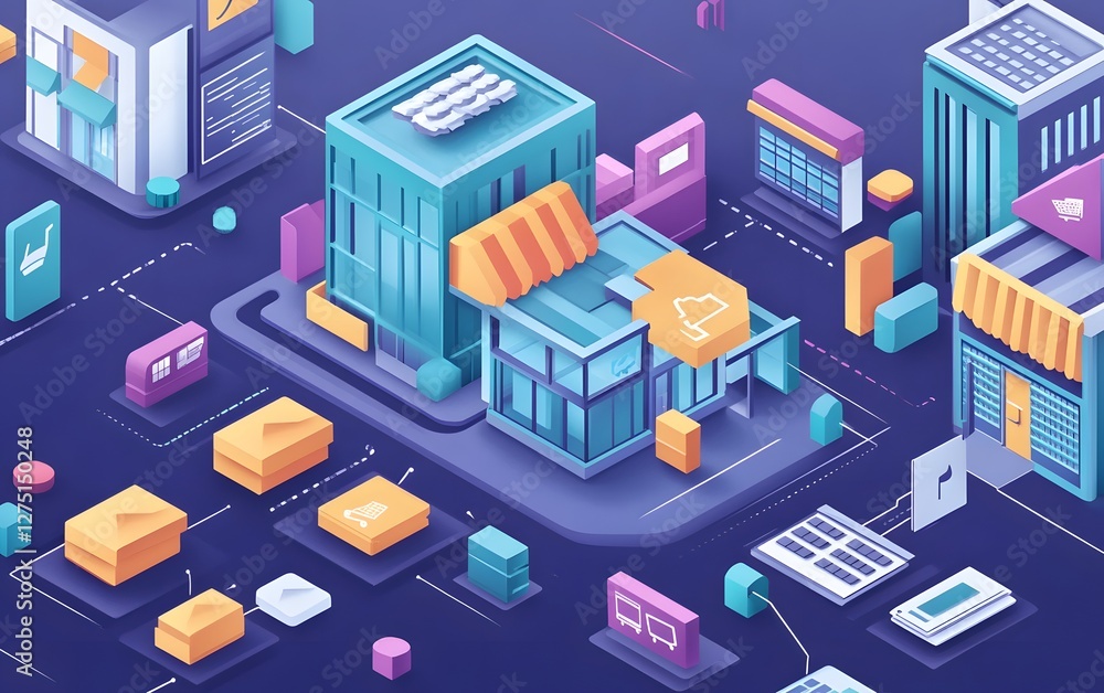 A vibrant digital illustration showcasing modern buildings and urban elements, ideal for tech and business themes. A vibrant digital illustration showcasing modern buildings and urban elements, ideal for tech and business themes.