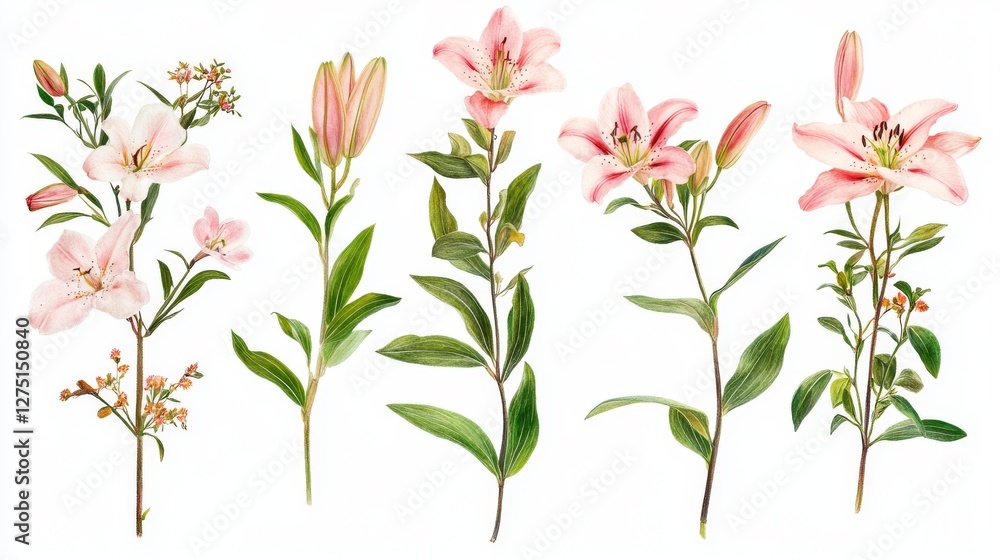 Elegant horizontal collection of pink lily branches featuring various bloom stages, crisp green foliage, naturally arranged stems, detailed botanical photography, pure white backdrop, floating Elegant horizontal collection of pink lily branches featuring various bloom stages, crisp green foliage, naturally arranged stems, detailed botanical photography, pure white backdrop, floating