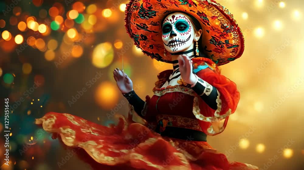 Beautiful dancer celebrates Day of the Dead with vibrant costume and traditionalements, Beautiful dancing mexican for the Day of the Dead, Perfect beautiful dia de muertos background Beautiful dancer celebrates Day of the Dead with vibrant costume and traditionalements, Beautiful dancing mexican for the Day of the Dead, Perfect beautiful dia de muertos background