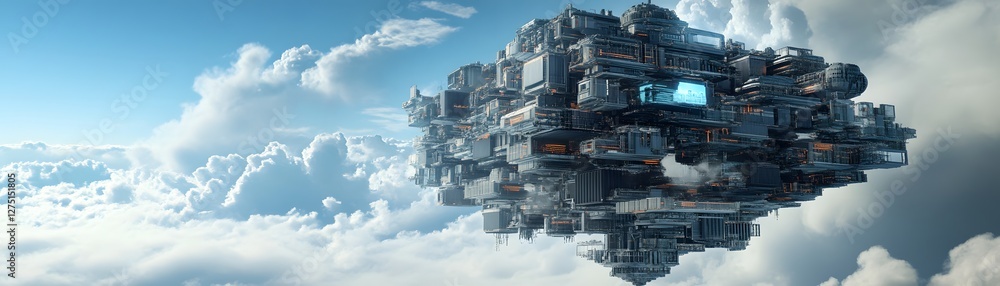 An imaginative futuristic sci-fi scene depicting a hovering structure amidst fluffy clouds, showcasing advanced architecture and a serene blue sky, evoking wonder and innovation. An imaginative futuristic sci-fi scene depicting a hovering structure amidst fluffy clouds, showcasing advanced architecture and a serene blue sky, evoking wonder and innovation.