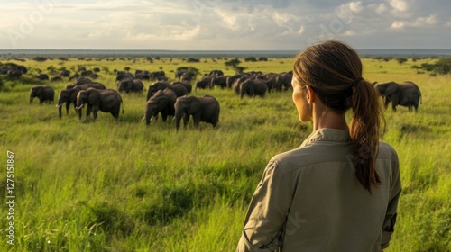 A conservationist tracking elephant migration patterns in a dense African savanna