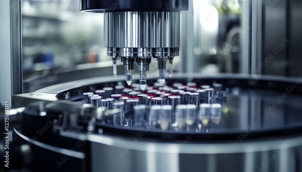 Close-up of a high-tech machinery filling vials in a production line. This advanced manufacturing process showcases precision and efficiency in modern industrial practices. Close-up of a high-tech machinery filling vials in a production line. This advanced manufacturing process showcases precision and efficiency in modern industrial practices.