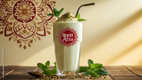 A Rooh Afza milkshake with cardamom, mint, and a metal straw, served in a tall glass on a rustic table against a warm, patterned beige background. photo