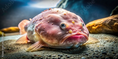 Mysterious deep-sea blobfish, its pink gelatinous form silhouetted against the dark ocean, a captivating underwater photo. photo