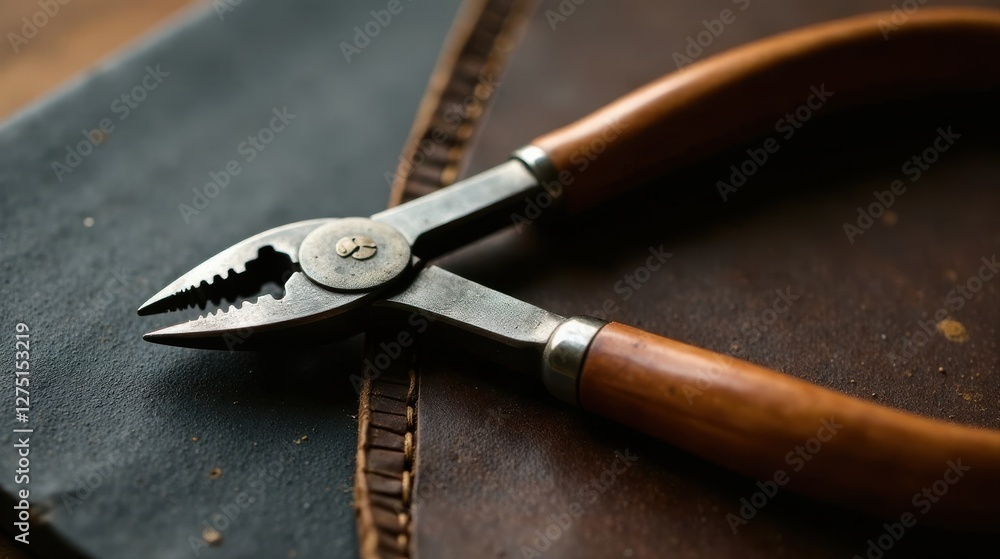 Obraz premium Close-up view of vintage pliers with wooden handles resting on aged leather surface