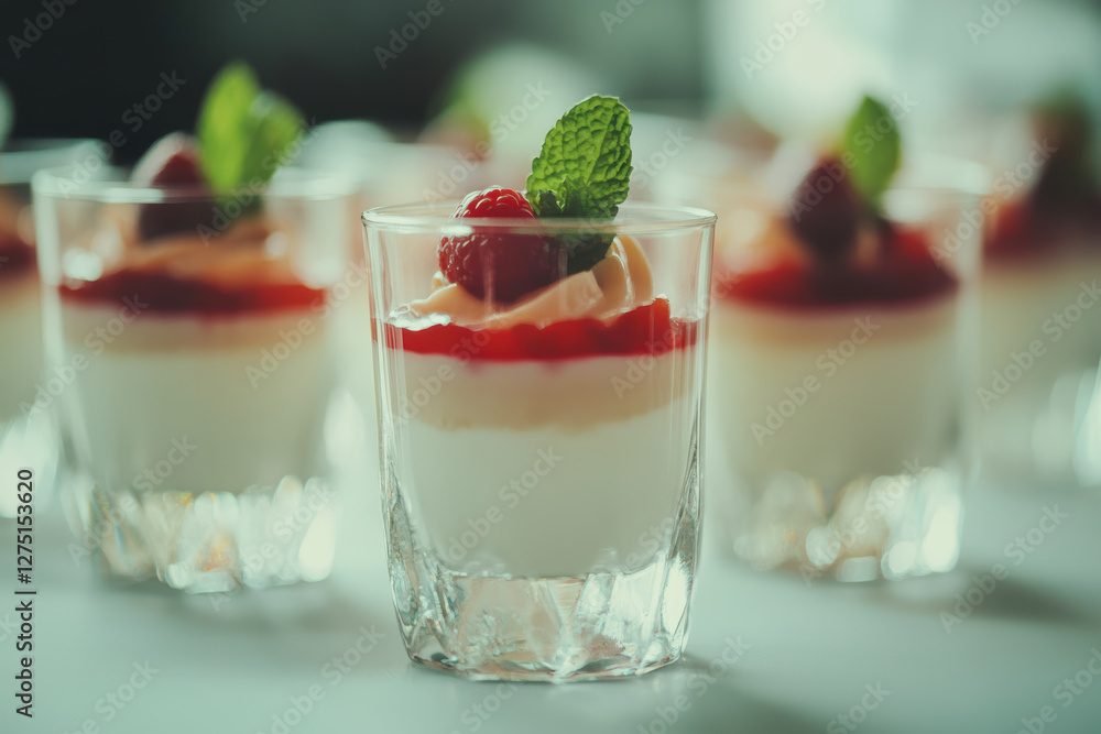 Delicious Raspberry Dessert with Cream in Elegant Glasses Delicious Raspberry Dessert with Cream in Elegant Glasses
