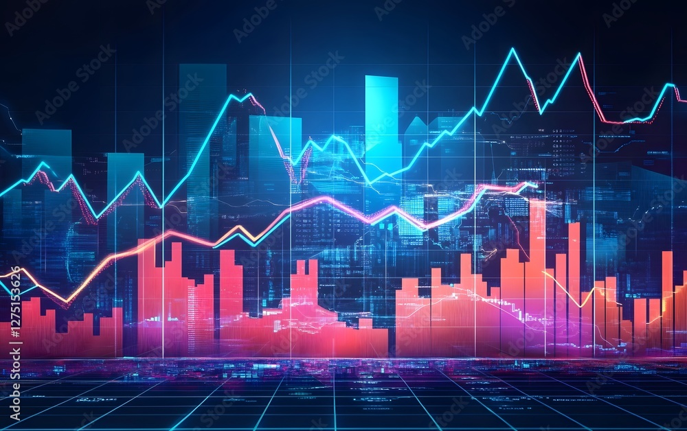 Naklejka premium Vibrant digital financial chart illustration featuring fluctuating graphs and data visualization. Perfect for representing investments, trading, and economic analysis.