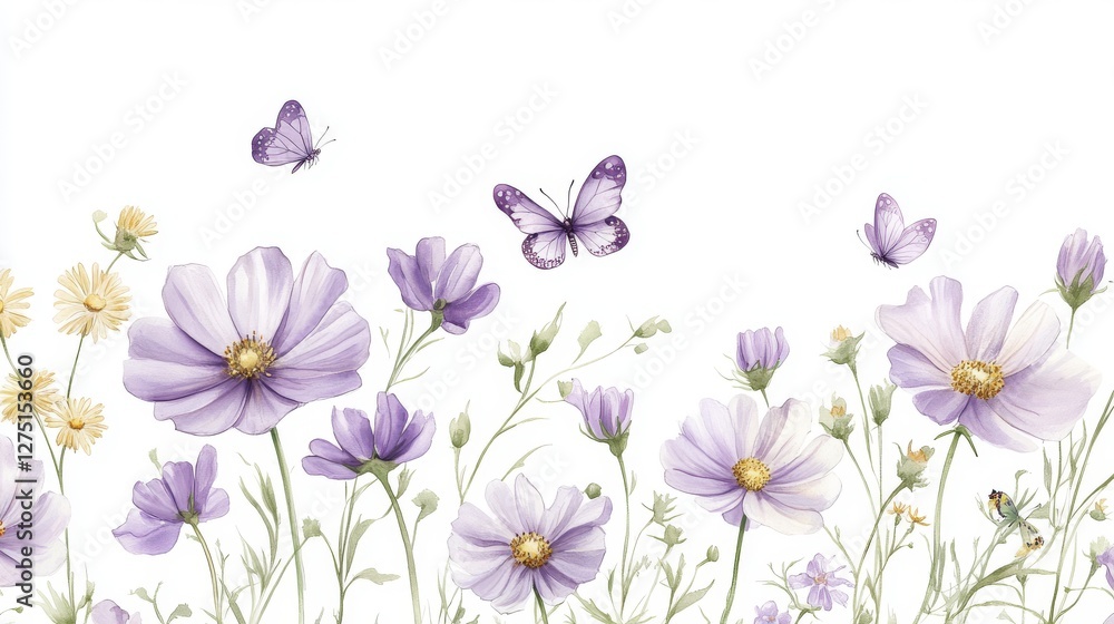 whimsical floral border design, floating cosmos flowers, delicate purple blooms, drifting butterflies, pale yellow daisies, soft watercolor botanicals, ethereal garden motifs, graceful green stems, whimsical floral border design, floating cosmos flowers, delicate purple blooms, drifting butterflies, pale yellow daisies, soft watercolor botanicals, ethereal garden motifs, graceful green stems,