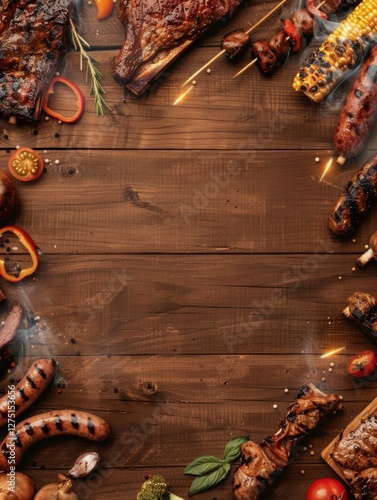 Top view of grilled bbq meats and vegetables on wooden background