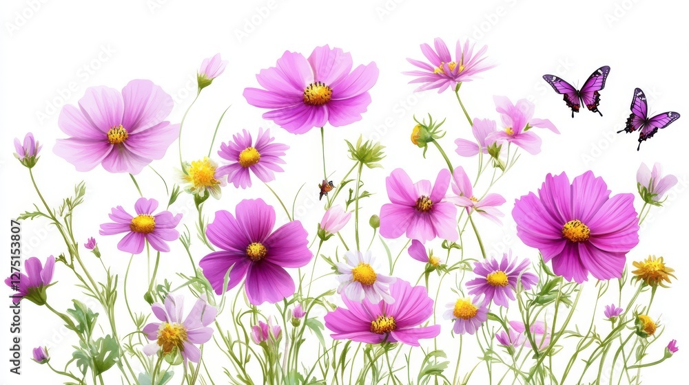 Fototapeta premium elegant wildflower composition, airy pink cosmos, dancing purple blooms, wandering butterflies, bright yellow daisies, luminous watercolor technique, graceful green stems, spring border design,