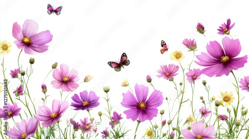 elegant wildflower composition, airy pink cosmos, dancing purple blooms, wandering butterflies, bright yellow daisies, luminous watercolor technique, graceful green stems, spring border design, elegant wildflower composition, airy pink cosmos, dancing purple blooms, wandering butterflies, bright yellow daisies, luminous watercolor technique, graceful green stems, spring border design,