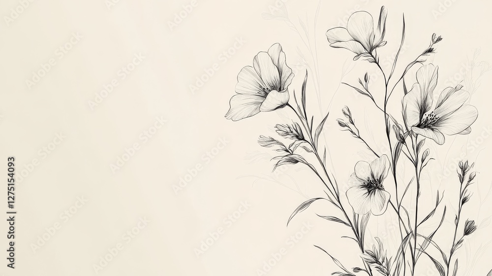 Naklejka premium Refined floral illustration, contemporary botanical art, delicate hand-drawn elements, subtle wildflower arrangement, sophisticated linear composition, elegant natural motifs, minimalist wedding