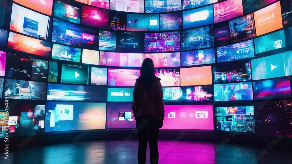 Portrait Of  Woman Entering 3D Cyberspace With Animated Social Media Interfaces, Online Video Games, Videos, Internet Content. Visualization Of woman  Surfing Computer Network.