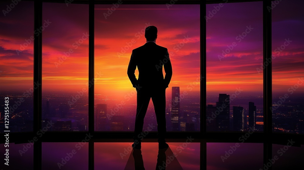 Fototapeta premium man in suit silhouette at sunset over city skyline