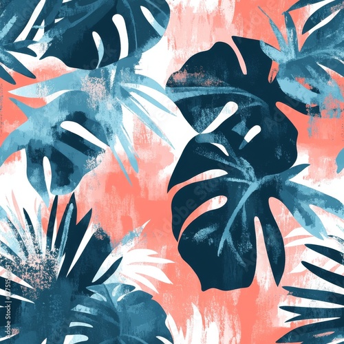 Dynamic tropical pattern, fluid watercolor style, teal and coral palette, loose botanical illustration, sketchy monstera leaves, expressive floral design, casual summer motifs, organic brush strokes,