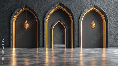 Elegant Black Gold Islamic Archway Interior Design