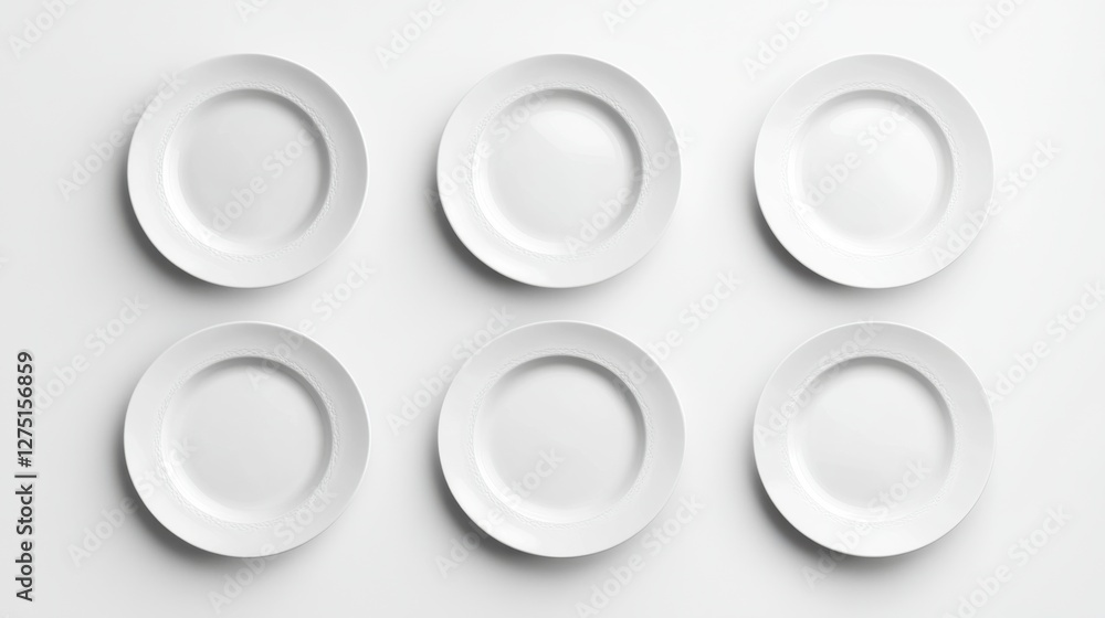 six white dinner plates on white background six white dinner plates on white background