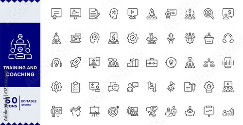 Training and Coaching Line Editable Icons set. Vector illustration in modern thin line style of education related icons:  coaching, mentoring, education,Outline icon collection. Editable stroke.