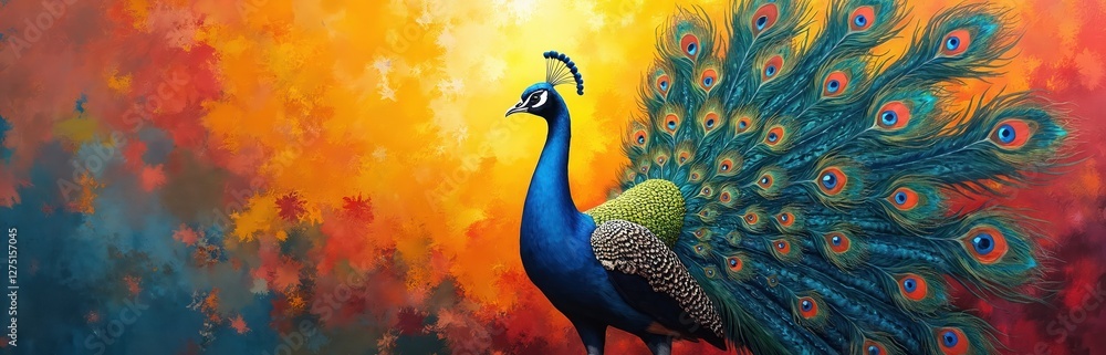 Fototapeta premium Colorful detailed painting of peacock displaying vibrant feathers fan against abstract mix of orange, yellow, blue hues. Peacock head, neck visible in wildlife nature animal pattern art.