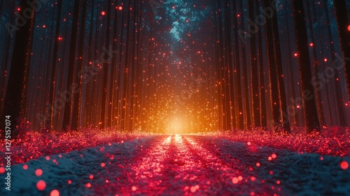 Magical forest path illuminated by red particles