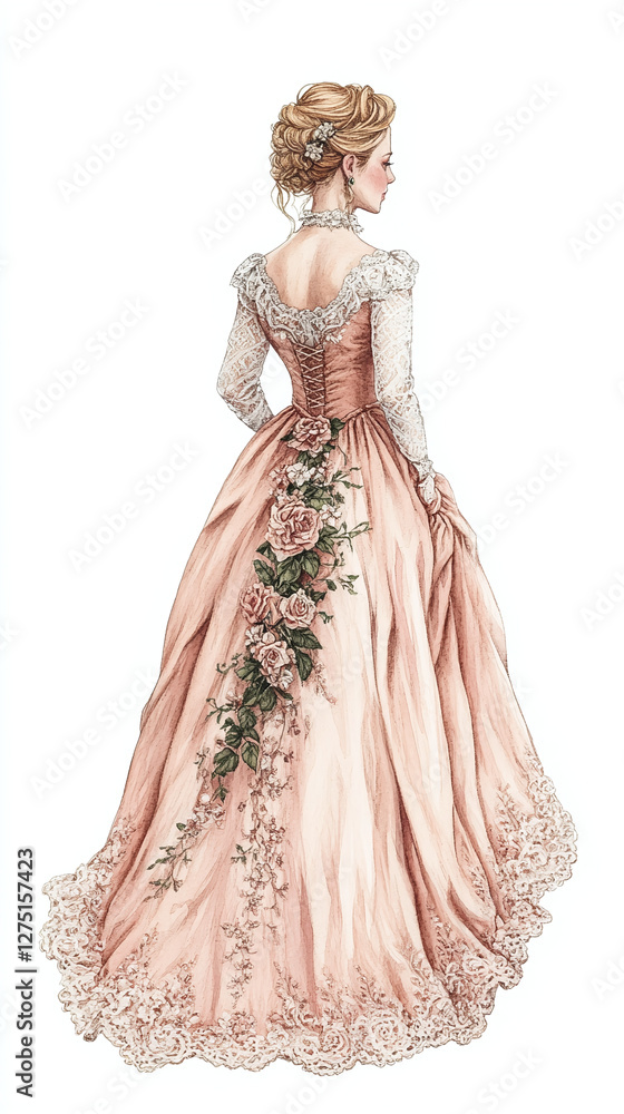 Fototapeta premium Vintage Lady in a Delicate Floral Gown