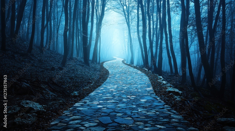 Fototapeta premium Cognitive decline concept. Mysterious pathway through a foggy, dark forest at twilight.