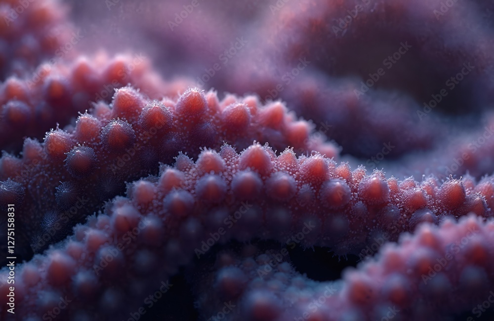 AI generated close-up of octopus skin bumpy surface with texture in purple tones. Dappled pattern of suckers, skin. Macro photo, sea animal background.