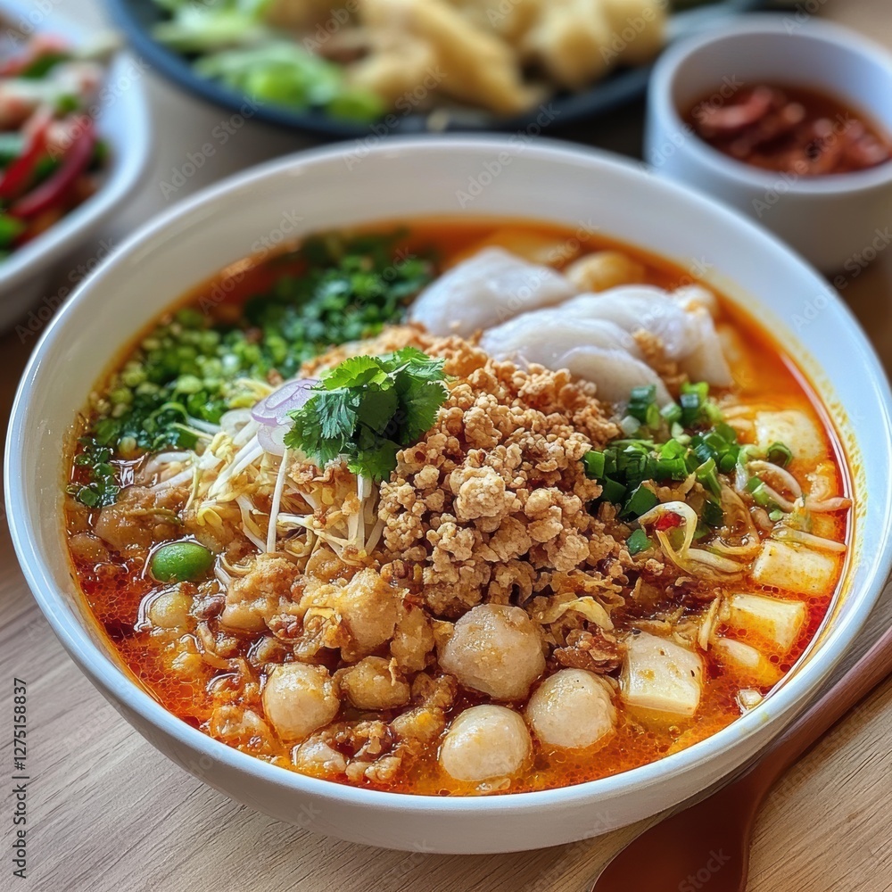 Delicious spicy noodle soup local restaurant food photography urban setting close-up view culinary delight Delicious spicy noodle soup local restaurant food photography urban setting close-up view culinary delight
