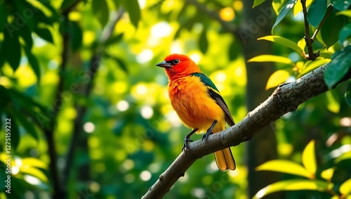 Vivid Scarlet Tanager Perched in a Lush Green Forest