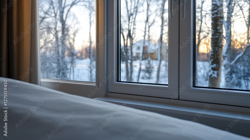 Fototapeta premium Scandinavian Minimalist Bedroom Window View with Snowy Winter Landscape