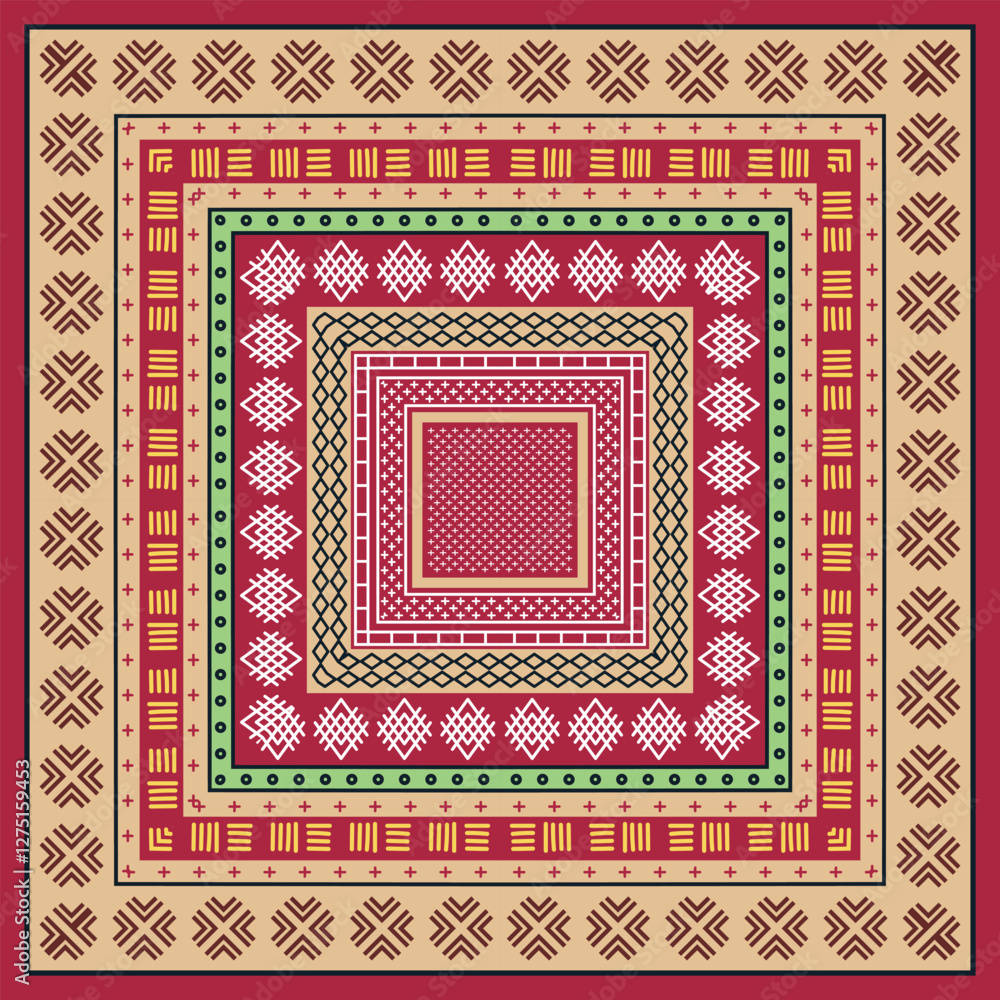 A colorful square pattern featuring layered geometric designs in red, green, beige, and intricate motifs. A colorful square pattern featuring layered geometric designs in red, green, beige, and intricate motifs.