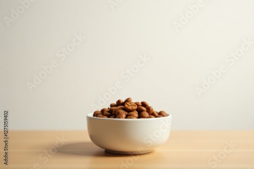 A small white bowl filled with roasted coffee beans rests on a light wood surface against a simple, neutral backdrop.