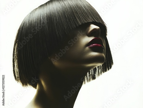 Black woman with a hime haircut, high-contrast lighting, strong silhouette, artistic and dramatic styling photo