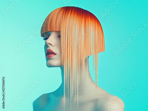 Asian woman with straight orange bob haircut, strong profile, blue background, modern fashion styling photo