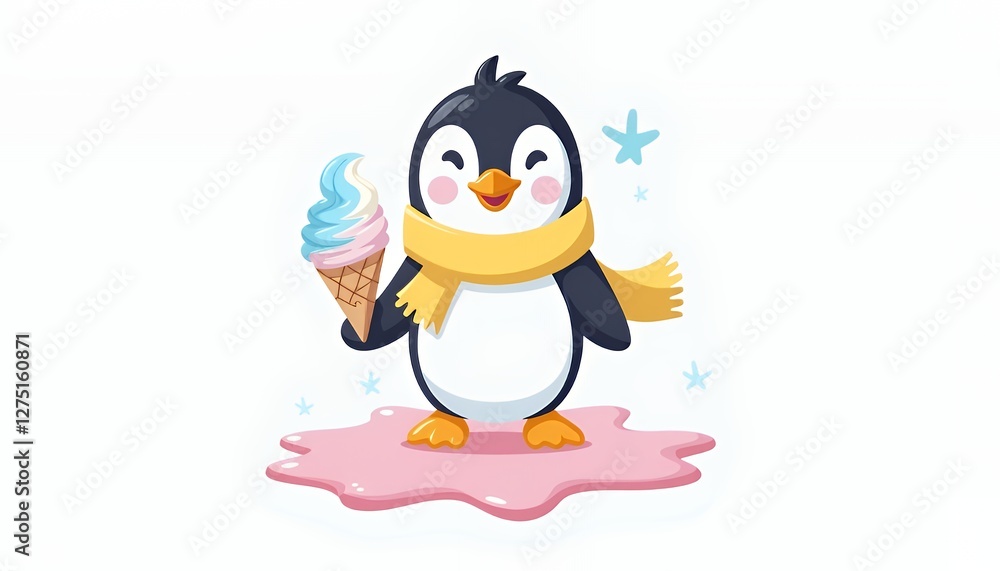 Obraz premium Adorable Pixel Art Penguin in Yellow Scarf Holding Ice Cream Cone