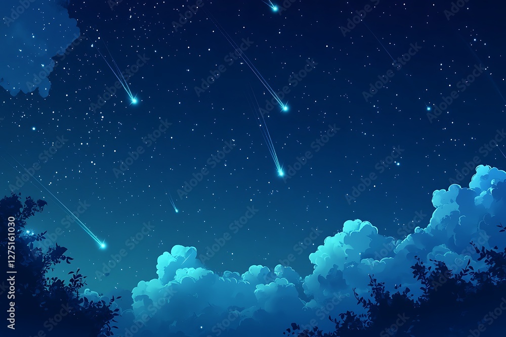 Night sky, shooting stars, trees, clouds, fantasy Night sky, shooting stars, trees, clouds, fantasy