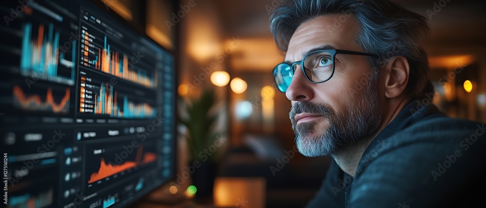 Focused Man Analyzing Data Graphs Focused Man Analyzing Data Graphs