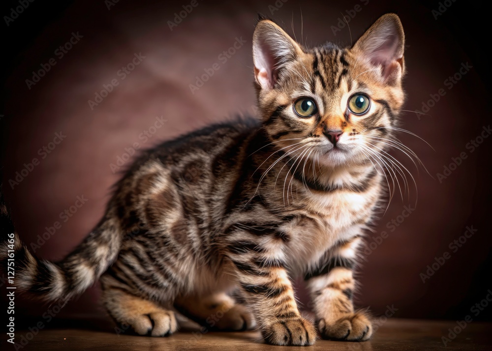 Obraz premium Side profile of an adorable brown tabby American Shorthair kitten, beautifully photographed against a white background in panoramic view.