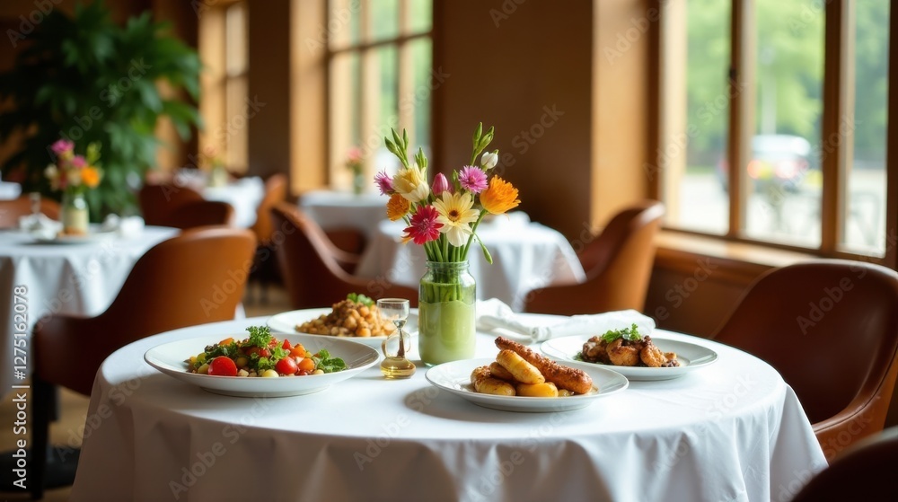 A delightful spring luncheon featuring an assortment of savory dishes and a vibrant floral centerpiece adorns a meticulously set table in a sunlit dining establishment. A delightful spring luncheon featuring an assortment of savory dishes and a vibrant floral centerpiece adorns a meticulously set table in a sunlit dining establishment.