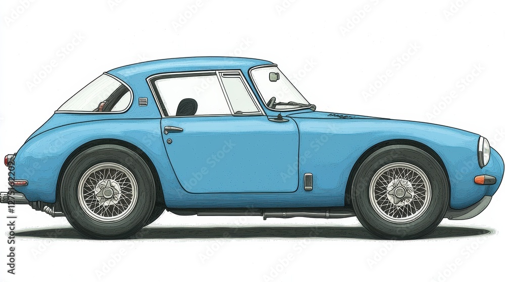 Classic blue sports car automotive showcase illustration studio setting side view vintage design inspiration Classic blue sports car automotive showcase illustration studio setting side view vintage design inspiration
