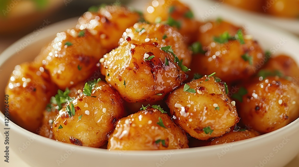 Glazed potato appetizer, close-up, kitchen setting, dinner party background Glazed potato appetizer, close-up, kitchen setting, dinner party background