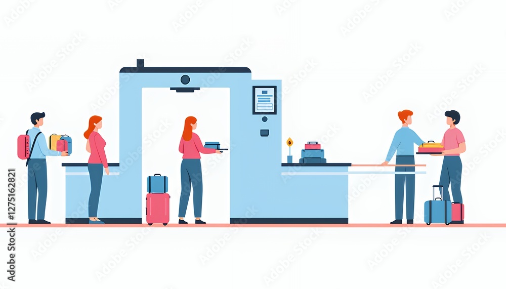 Airport Security Checkpoint: Passengers Scan Luggage and Belongings via Conveyor Belt X-ray Airport Security Checkpoint: Passengers Scan Luggage and Belongings via Conveyor Belt X-ray